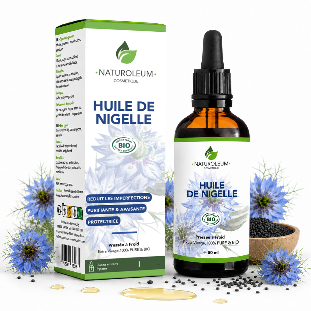 Purifying Care – 100% Pure Cold Pressed Organic Black Seed Oil – Face, Scalp, Body – Purifying, Soothing, Blemish-Prone Skin – Pipette - 50 ml – Made in France