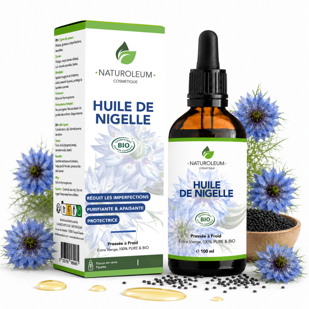 Purifying Care – 100% Pure Cold Pressed Organic Black Seed Oil – Face, Scalp, Body – Purifying, Soothing, Blemish-Prone Skin – Pipette - 100 ml – Made in France