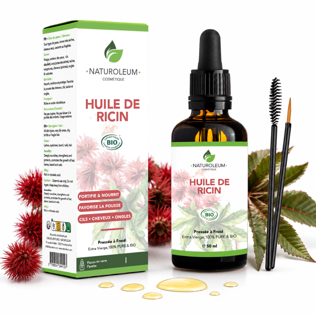 Natural Force – Olio di ricino biologico puro spremuto a freddo – Capelli, ciglia, unghie – Fortificante, crescita, riparazione – Pipetta, pennello per eyeliner e pennello per ciglia – 50 ml – Prodotto in Francia