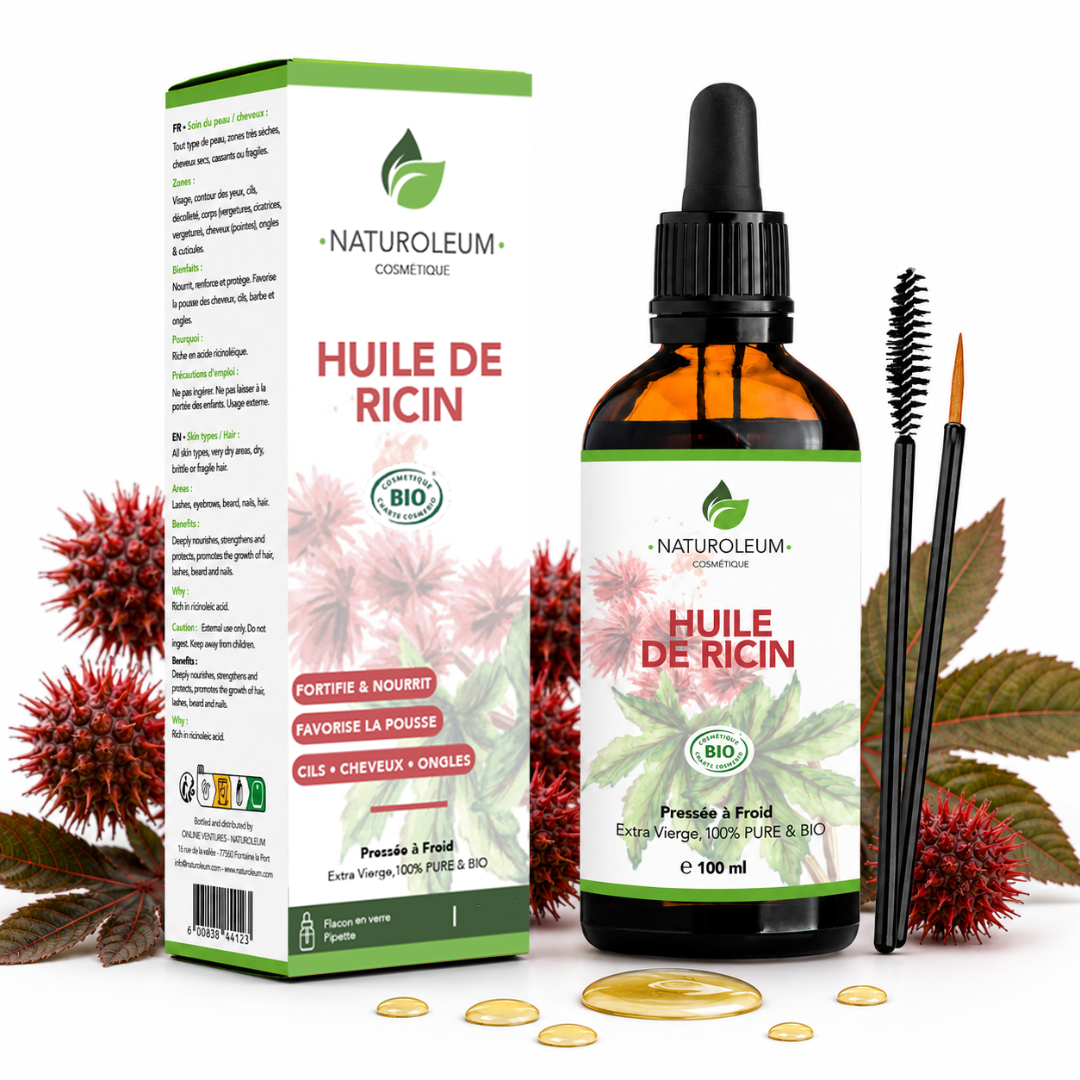 Natural Force – Olio di ricino biologico puro spremuto a freddo – Capelli, ciglia, unghie – Fortificante, crescita, riparazione – Pipetta, pennello per eyeliner e pennello per ciglia – 100 ml – Prodotto in Francia