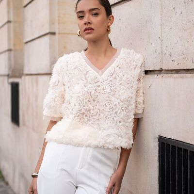 Blusa testurizzata a maniche corte con scollo a V - CK08389
