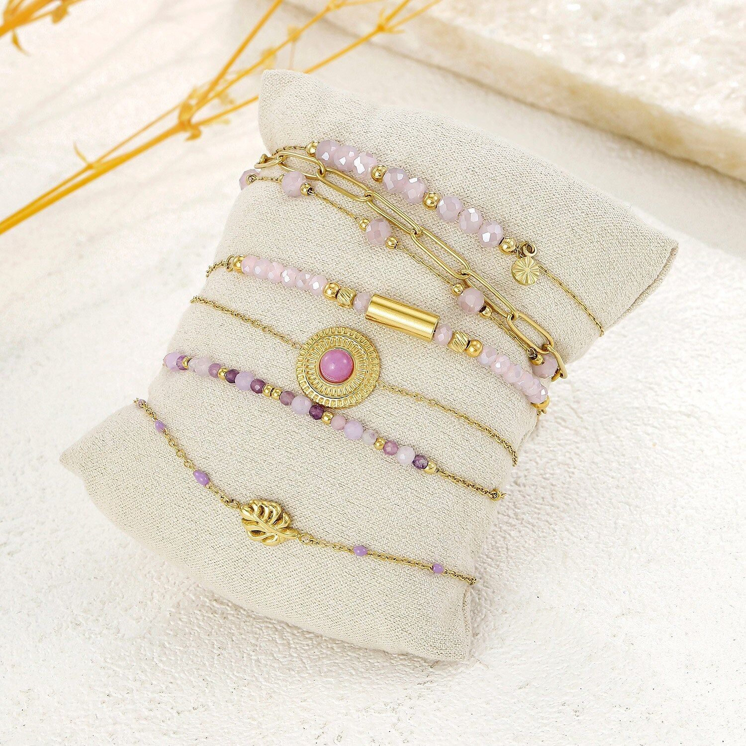 Set of 6 Golden Bracelets with Purple Amethyst Stones