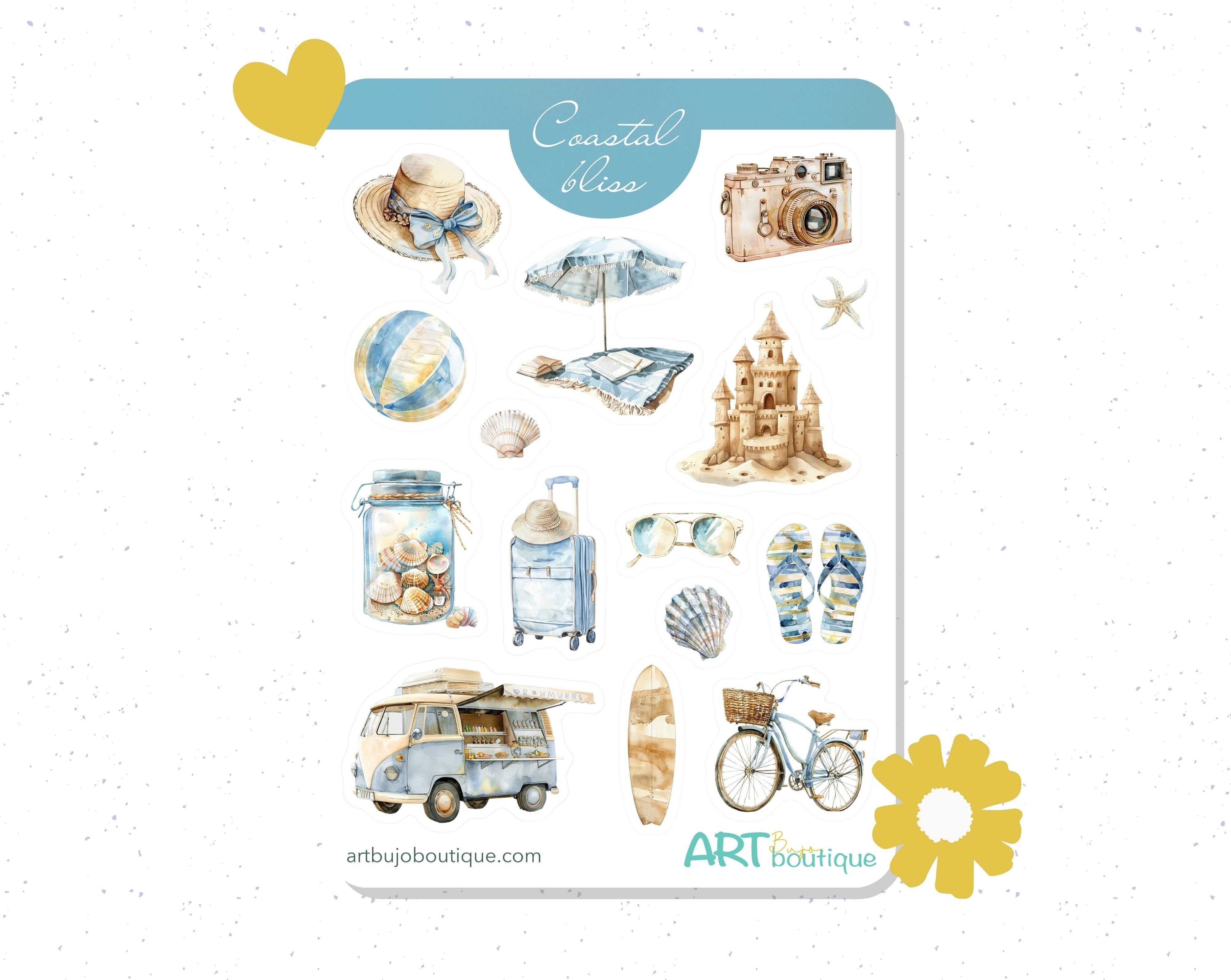 Feuille d'autocollants décoratifs Coastal Bliss – Autocollants esthétiques pour agenda et journal