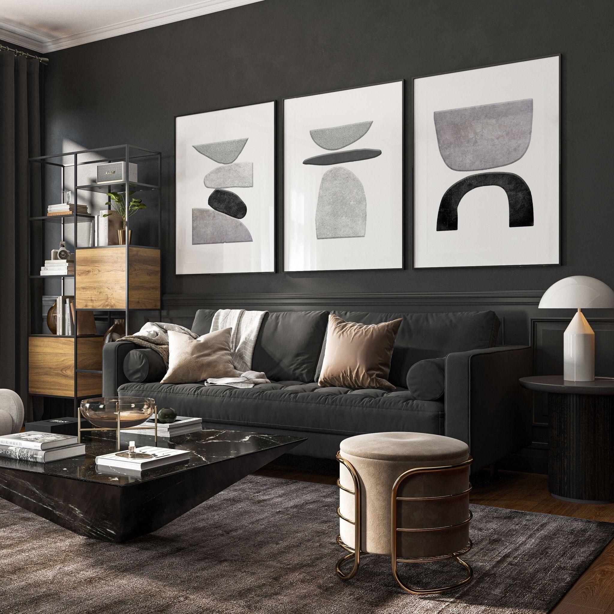 Dipinto astratto in bianco e nero | Set di 3 stampe artistiche da parete