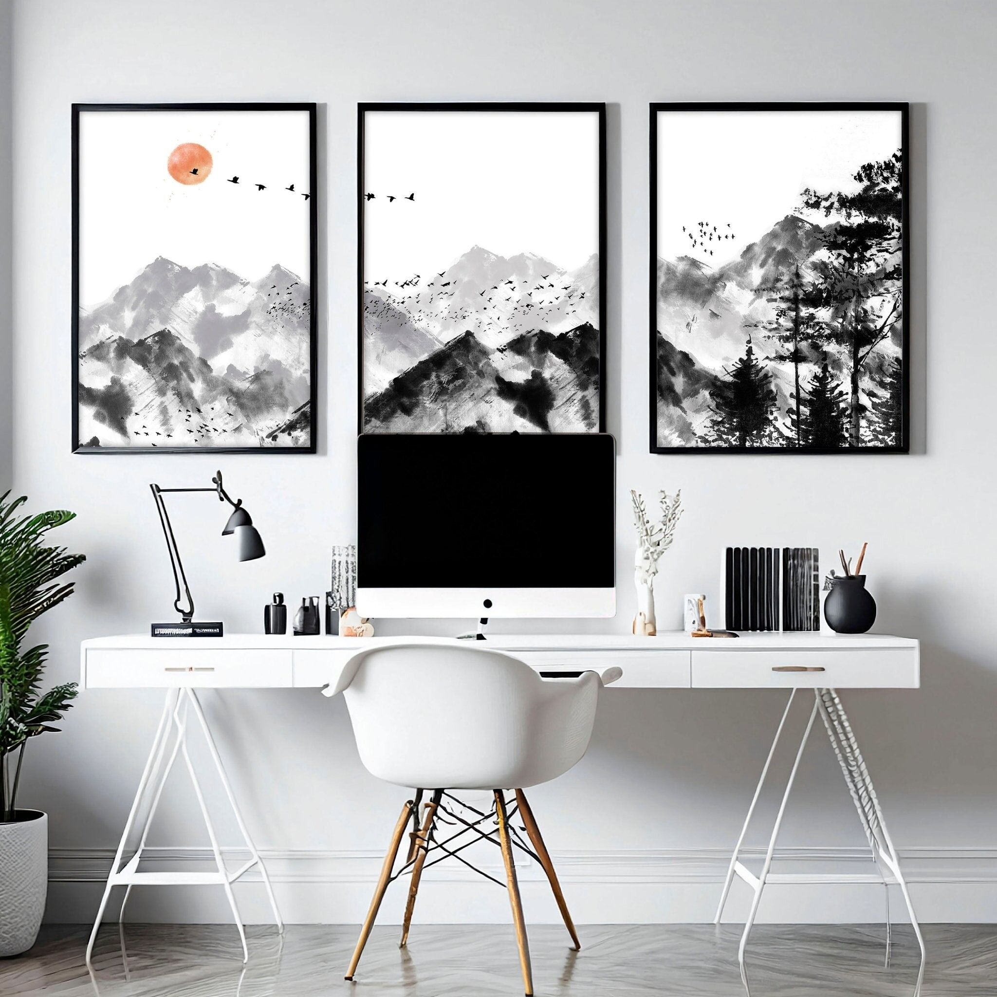 Idee di design per l'ufficio sul posto di lavoro | Set di 3 opere d'arte murale scandinave