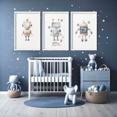 Décoration murale pour chambre d'enfant | Lot de 3 impressions d'art vintage représentant des robots