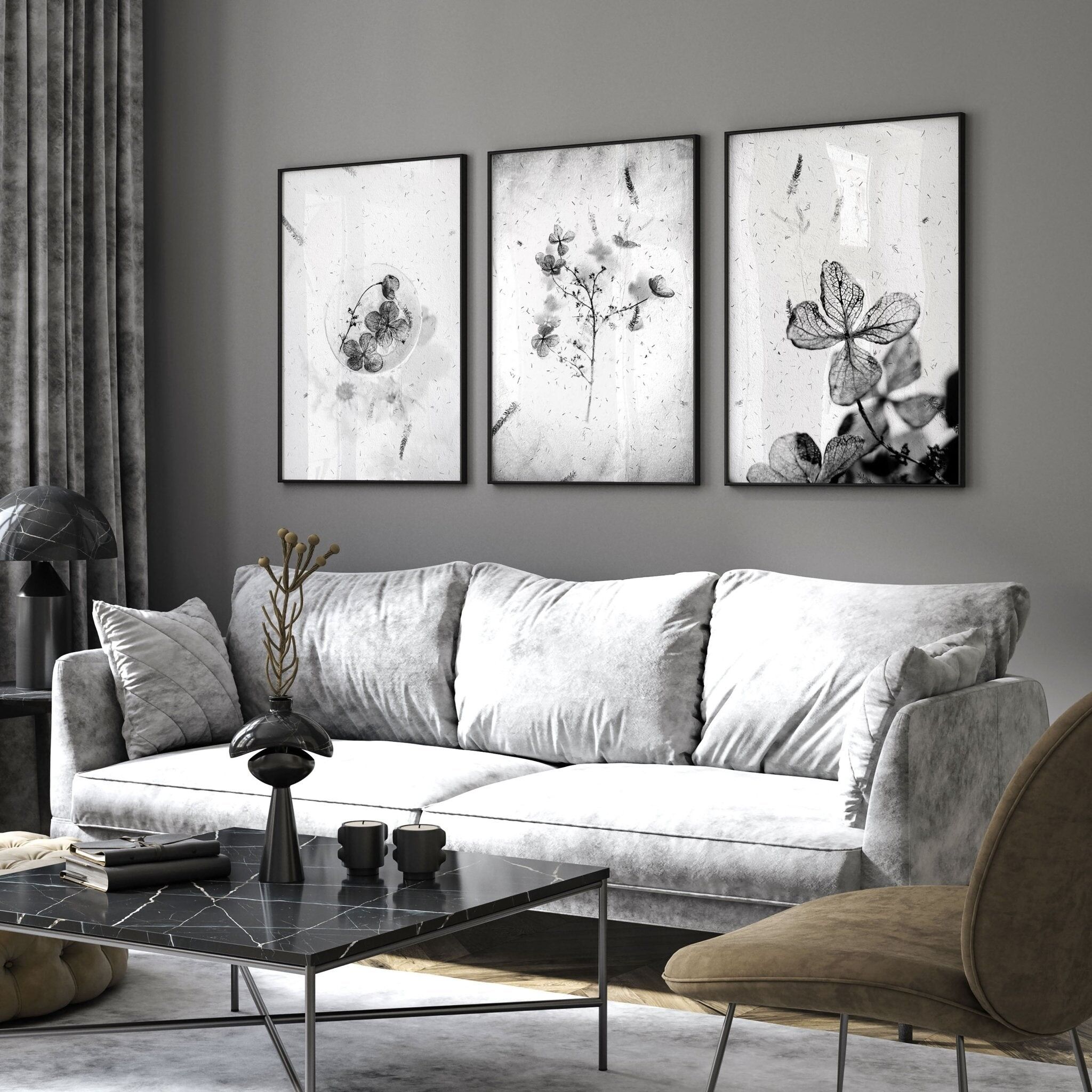 Stampe da parete in bianco e nero | Set di 3 stampe da parete incorniciate