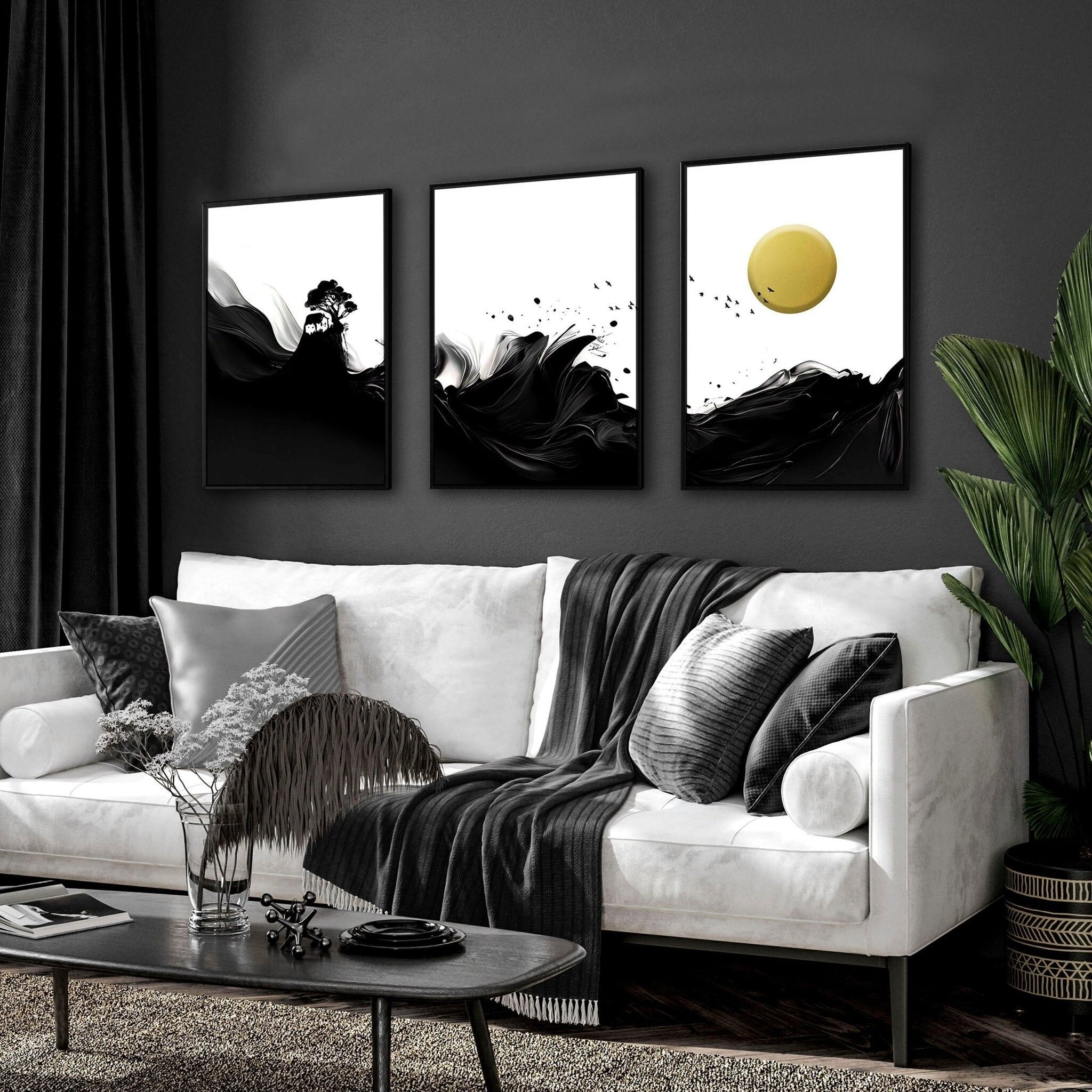 Arte murale in bianco e nero | set di 3 stampe artistiche del tramonto giapponese