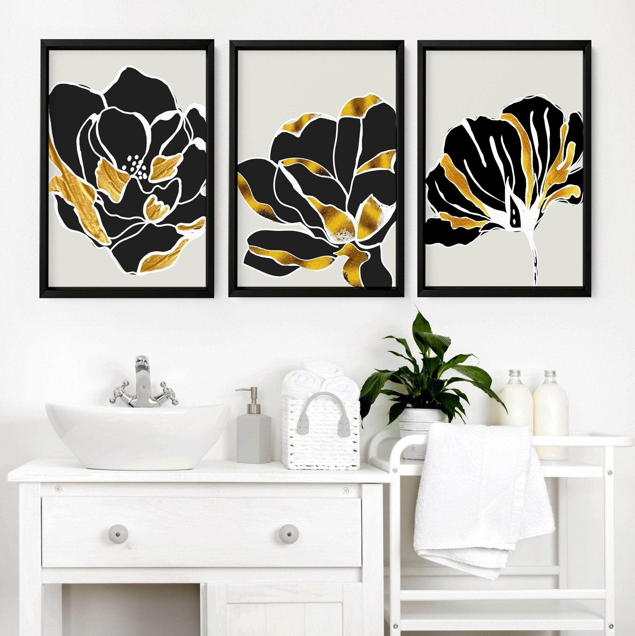 Decorazione per il bagno oro | set di 3 quadri da parete con cornice