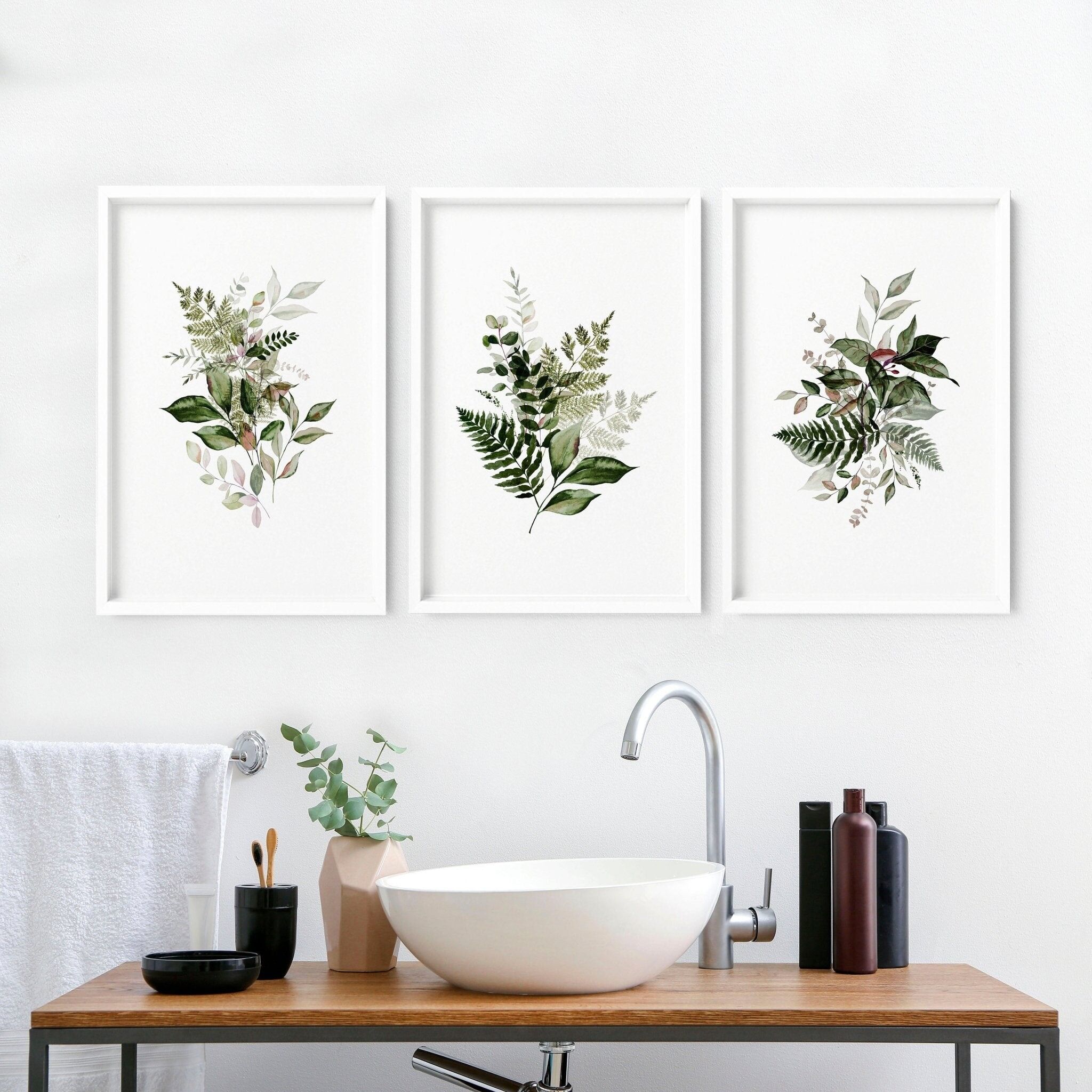 Arte incorniciata per il bagno | set di 3 quadri da parete Green Botanical