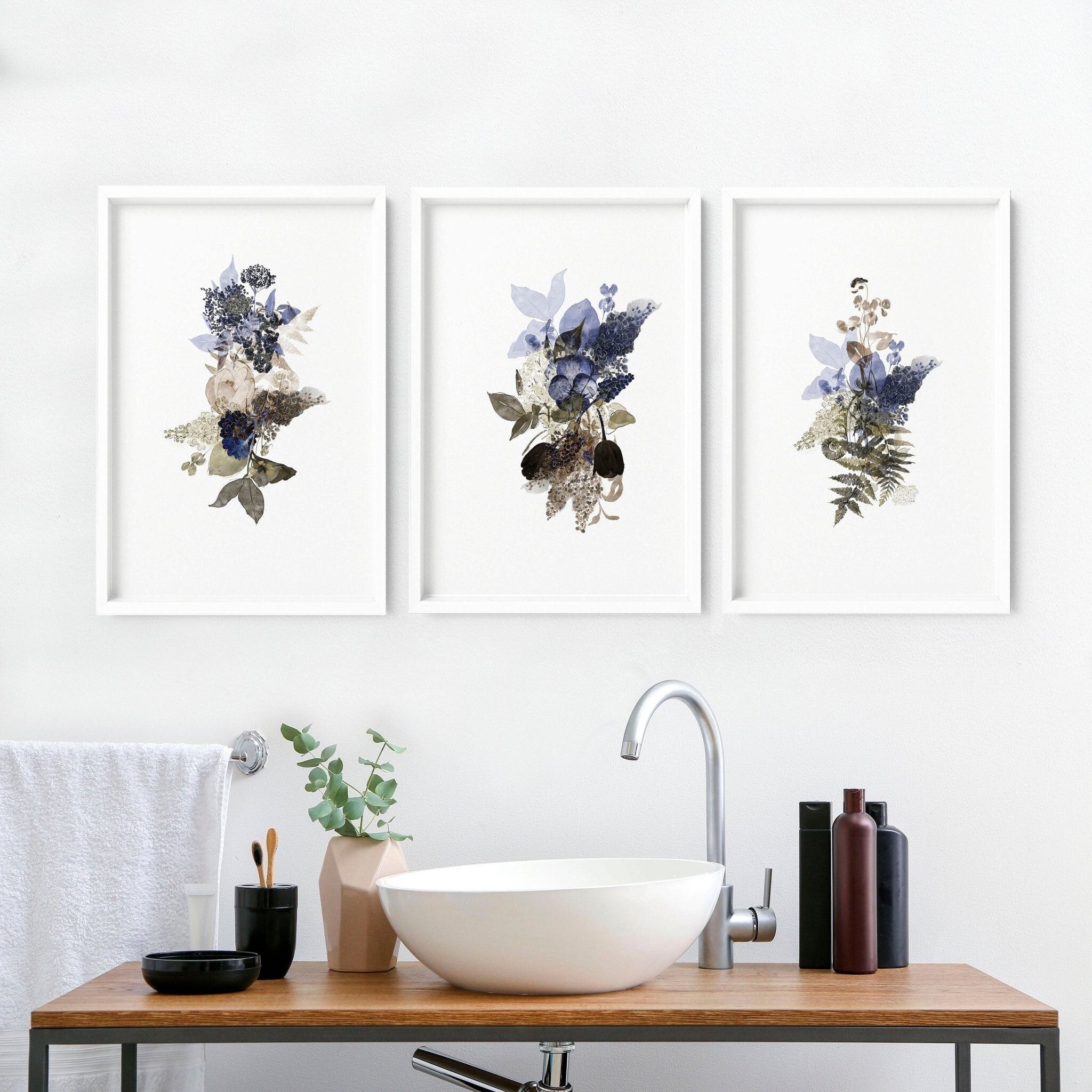 Arte da bagno incorniciata | set di 3 stampe da parete botaniche