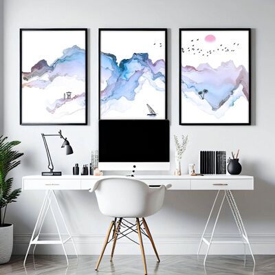 Images pour un bureau à domicile | lot de 3 impressions d'art mural côtier