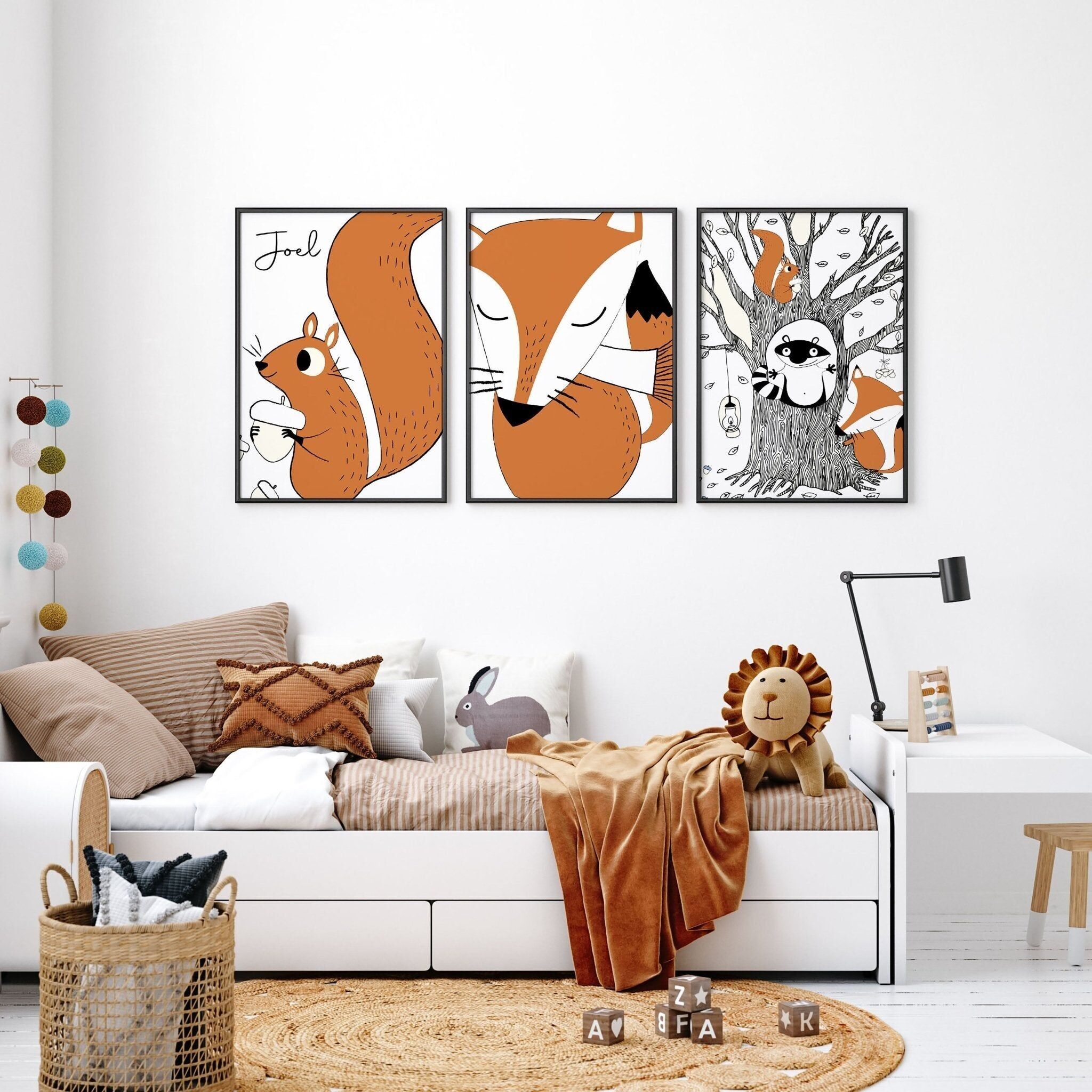 Stampe di volpe per la decorazione murale della cameretta dei bambini del bosco | set di 3 stampe artistiche da parete