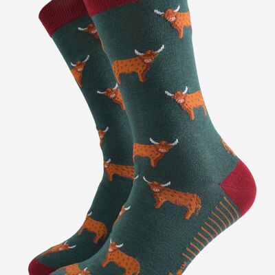 Chaussettes en bambou pour hommes - Vert/rouge, motif vache des Highlands