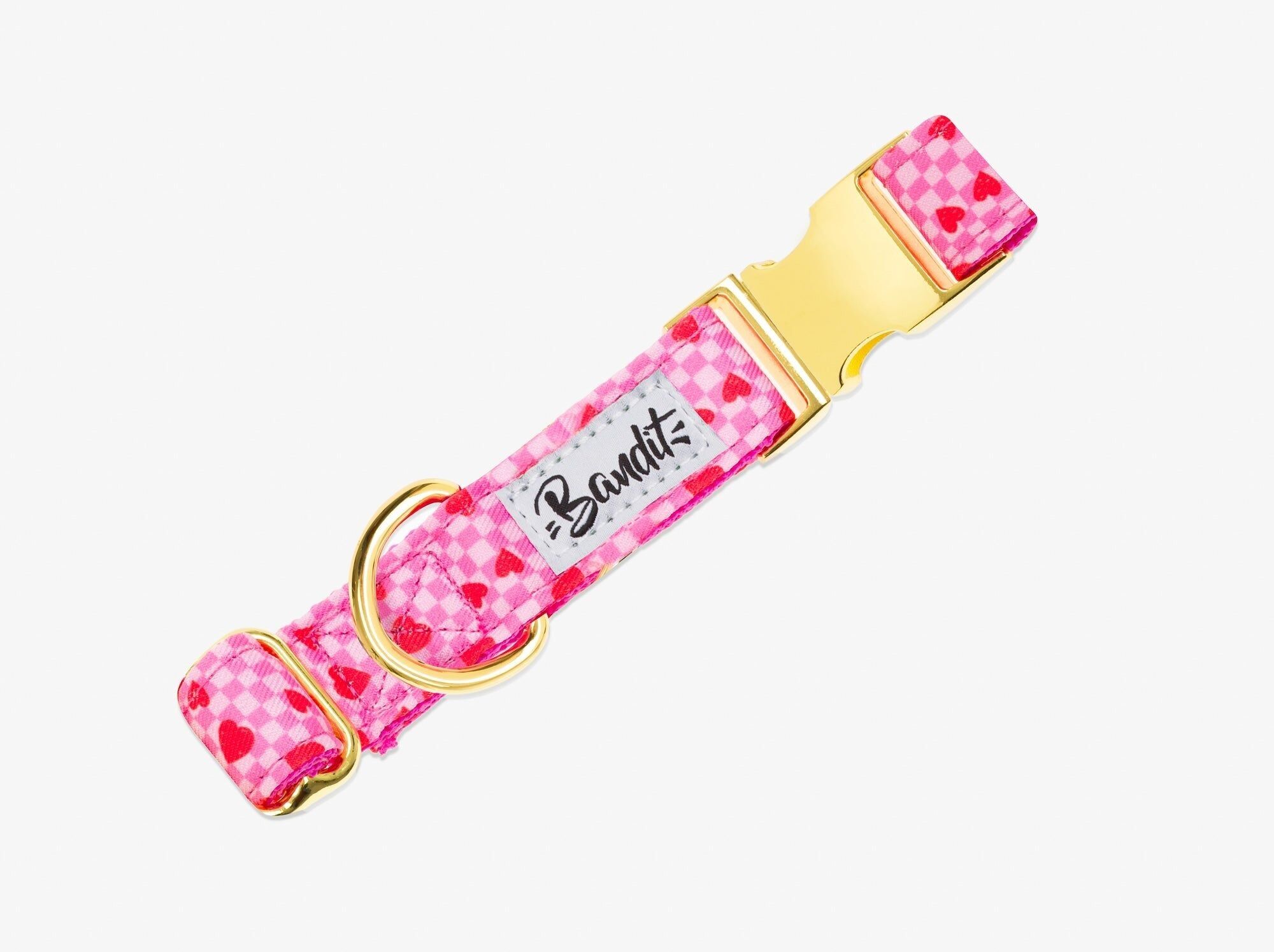 Collare per cani stampato con motivo scozzese rosa e cuori rossi