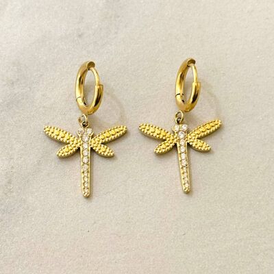 Minimal Dragonfly Hoop Earrings w White Zirconia