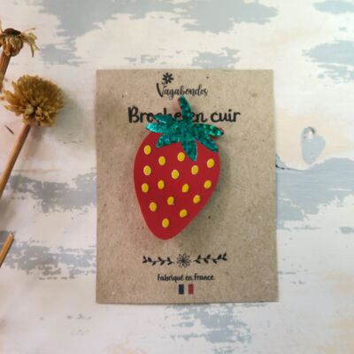 Fancy leather and sequin brooch - Strawberry
