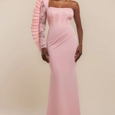 Vestido largo Goddiva de organza con un solo hombro y detalle de abanico con corpiño de encaje DR4577