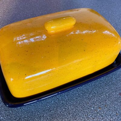 Butter Dish, Yellow Lid and Royal Blue Dish