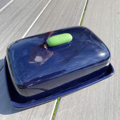 Butter Dish Dark Blue with Green Handle