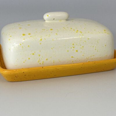 Butter Dish with White Lid Yellow Spots