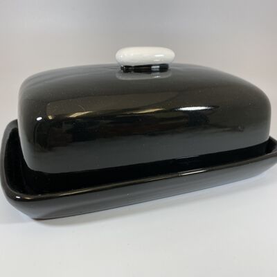 Butter Dish Jet Black Glaze with White Handle