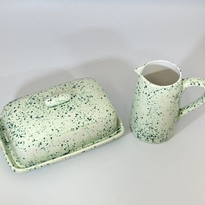 Butter Dish and Milk Jug Set Speckled Green Glaze