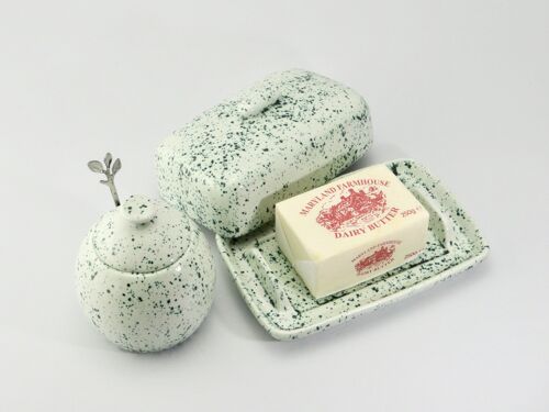 Butter Dish and Sugar Bowl Set Speckled Green