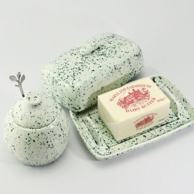 Butter Dish and Sugar Bowl Set Speckled Green