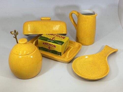 Butter Dish, Sugar Bowl, Spoon Rest and Milk Jug Set - Speckled Yellow