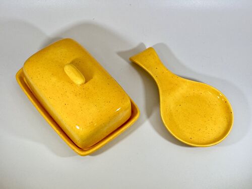 Speckled Yellow Butter Dish and Spoon Rest