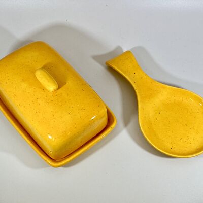 Speckled Yellow Butter Dish and Spoon Rest