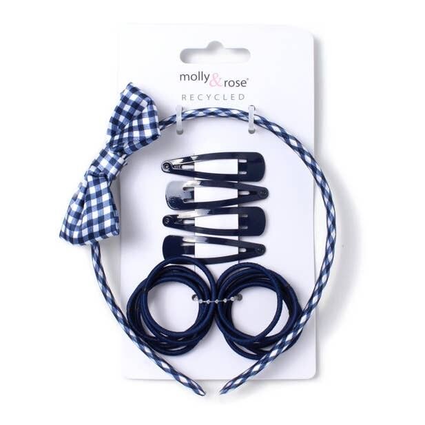 Marineblaues Set aus Schlafanzügen, Gummibändern und Gingham-Haarreif