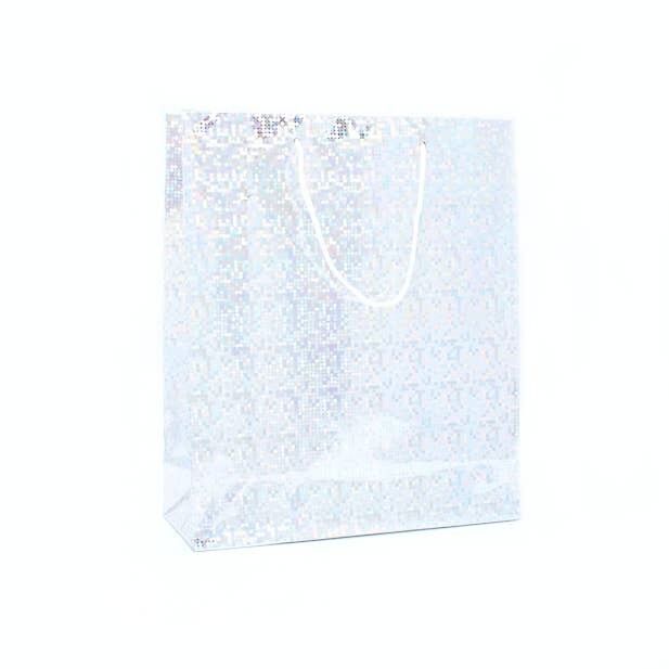 Dimensioni: 27x23x8 cm.Borsa regalo olografica argento