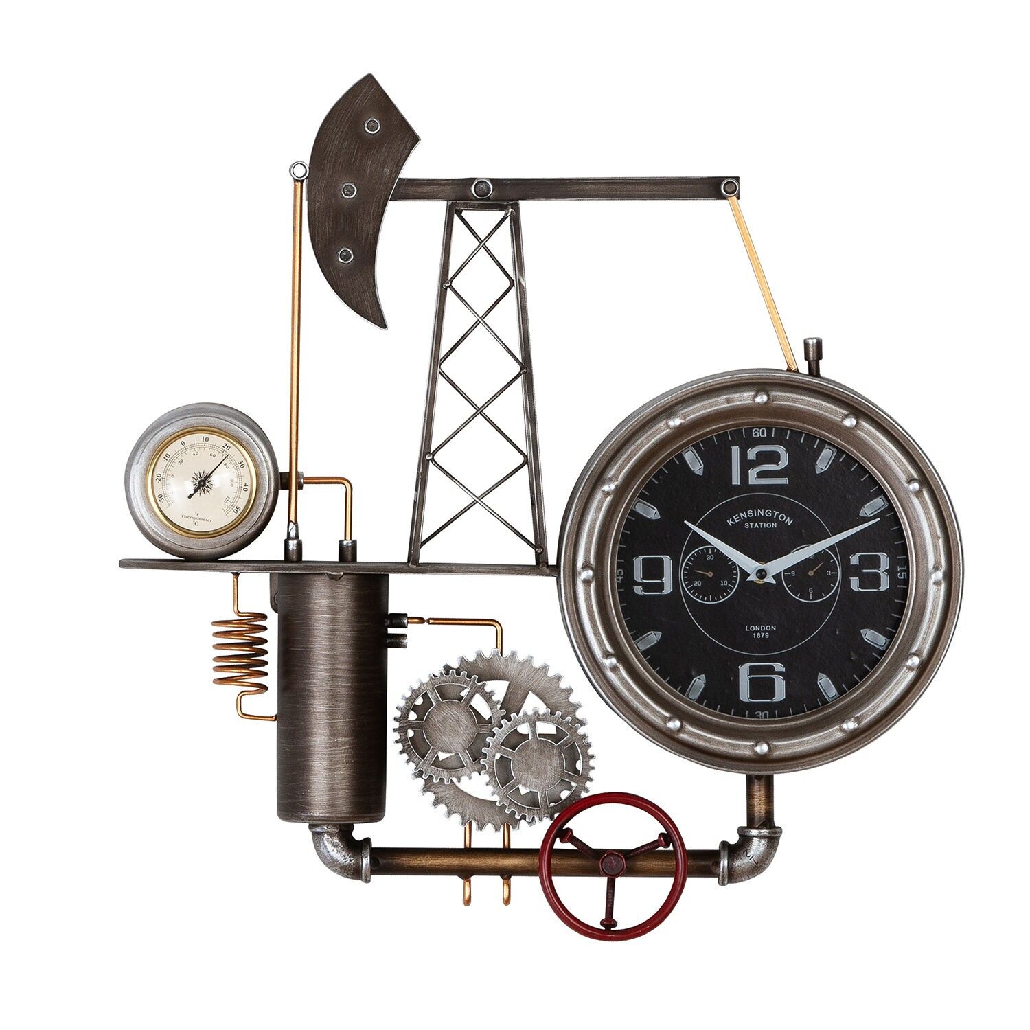 Wall clock oil production tower silver colored H.56 cm