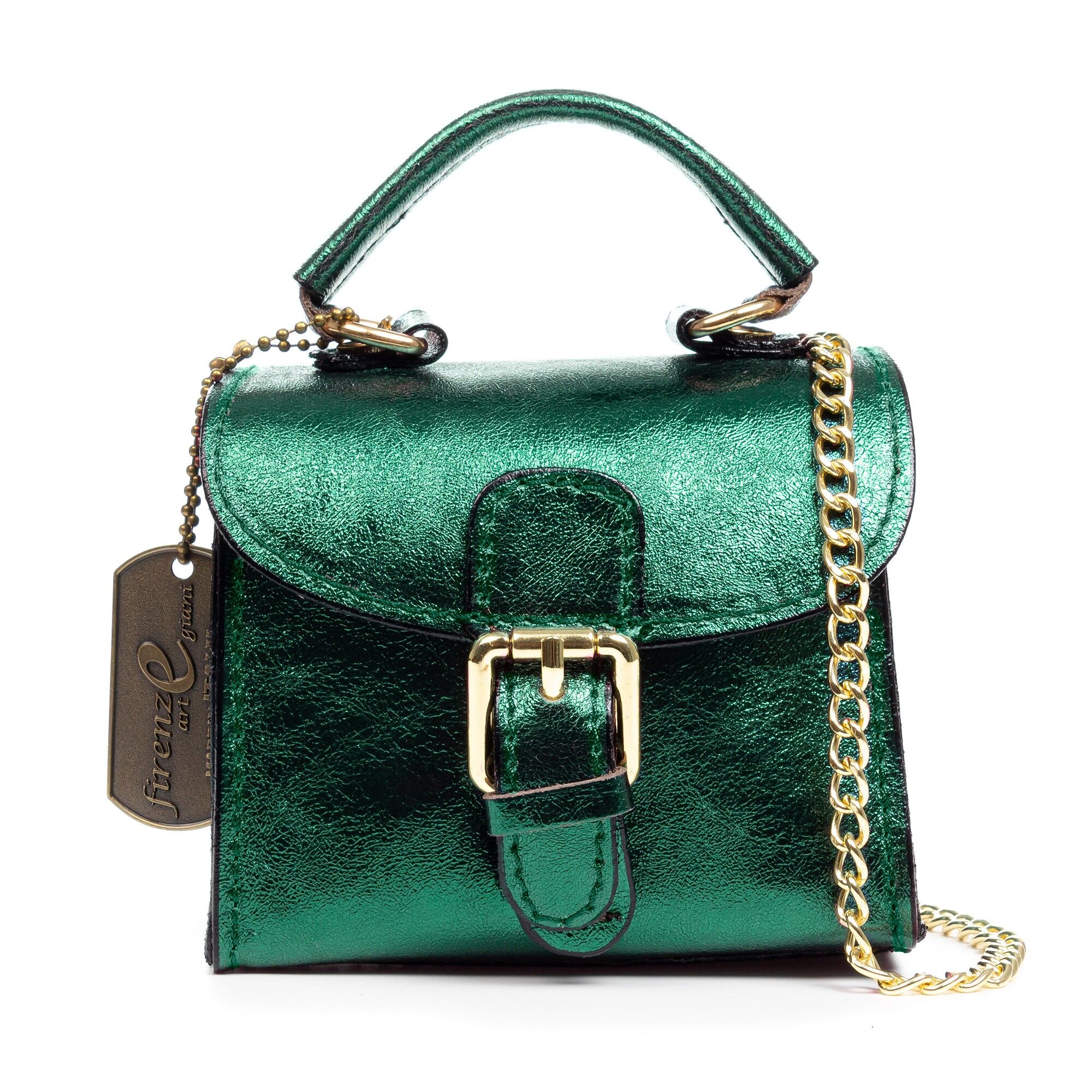 Mini borsa a mano e tracolla da donna Annicco. Vera pelle con finitura scamosciata laccata. Colore: verde scuro