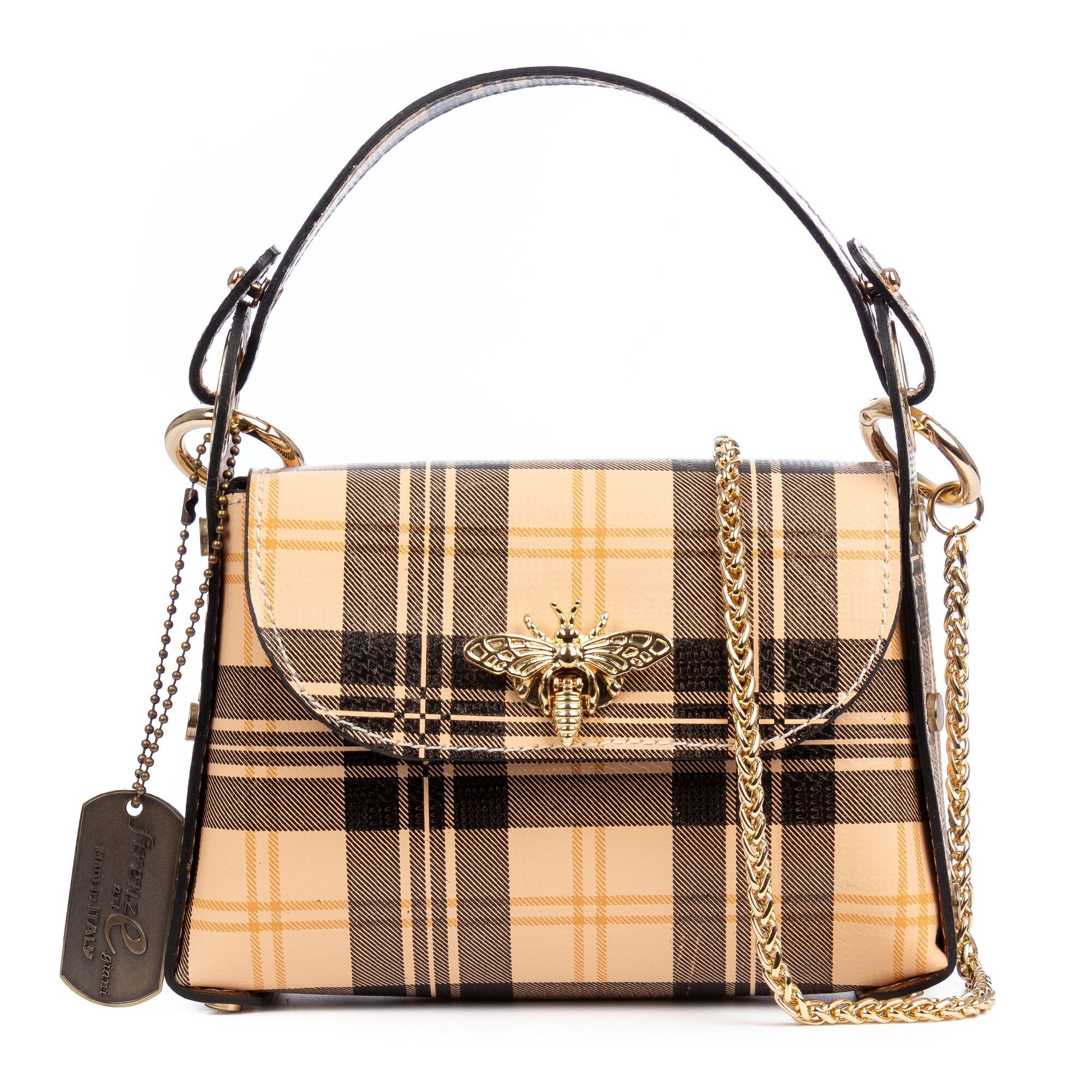 Borsa a mano da donna Aquileia. Vera pelle Ruga stampata con motivo scozzese. Colore: Oro