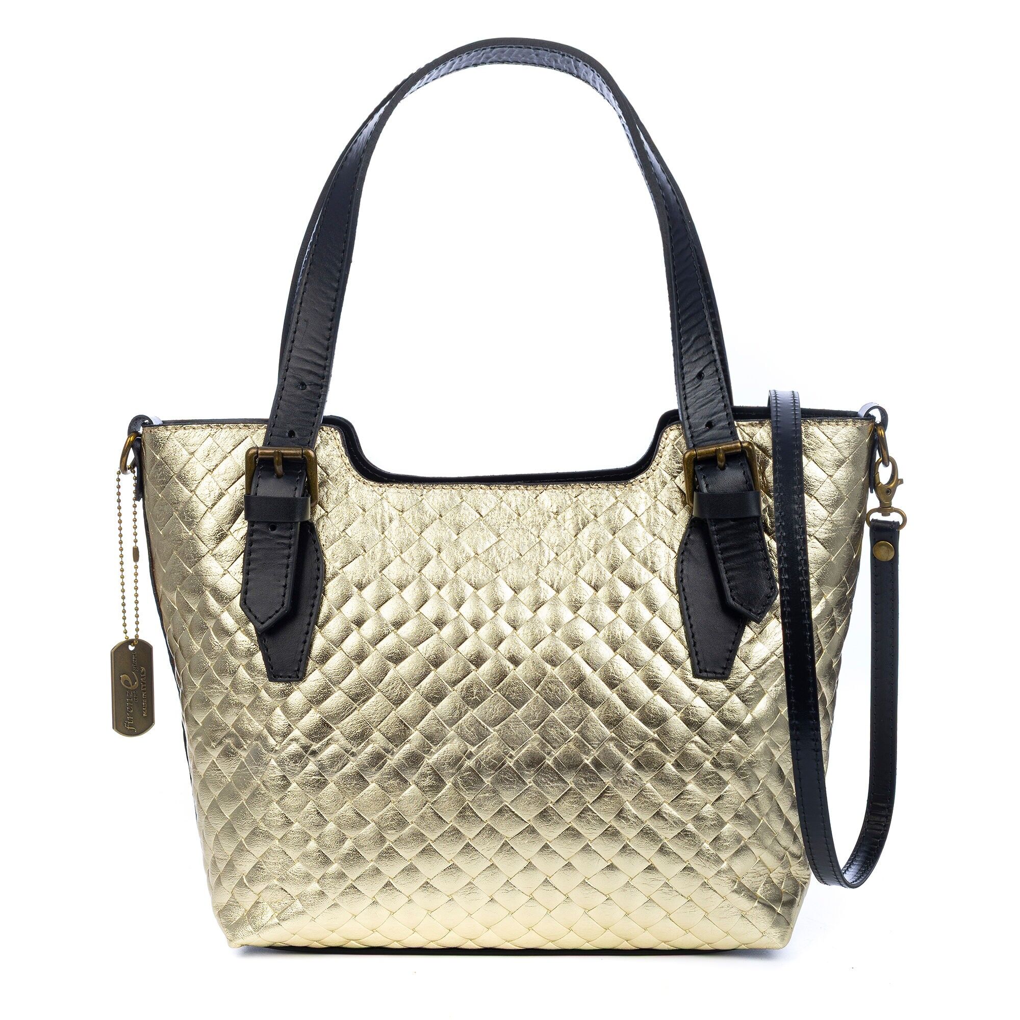 Borsa tote da donna Arezzo. Vera pelle scamosciata con goffratura intrecciata e lacca lucida. Colore: Champagne