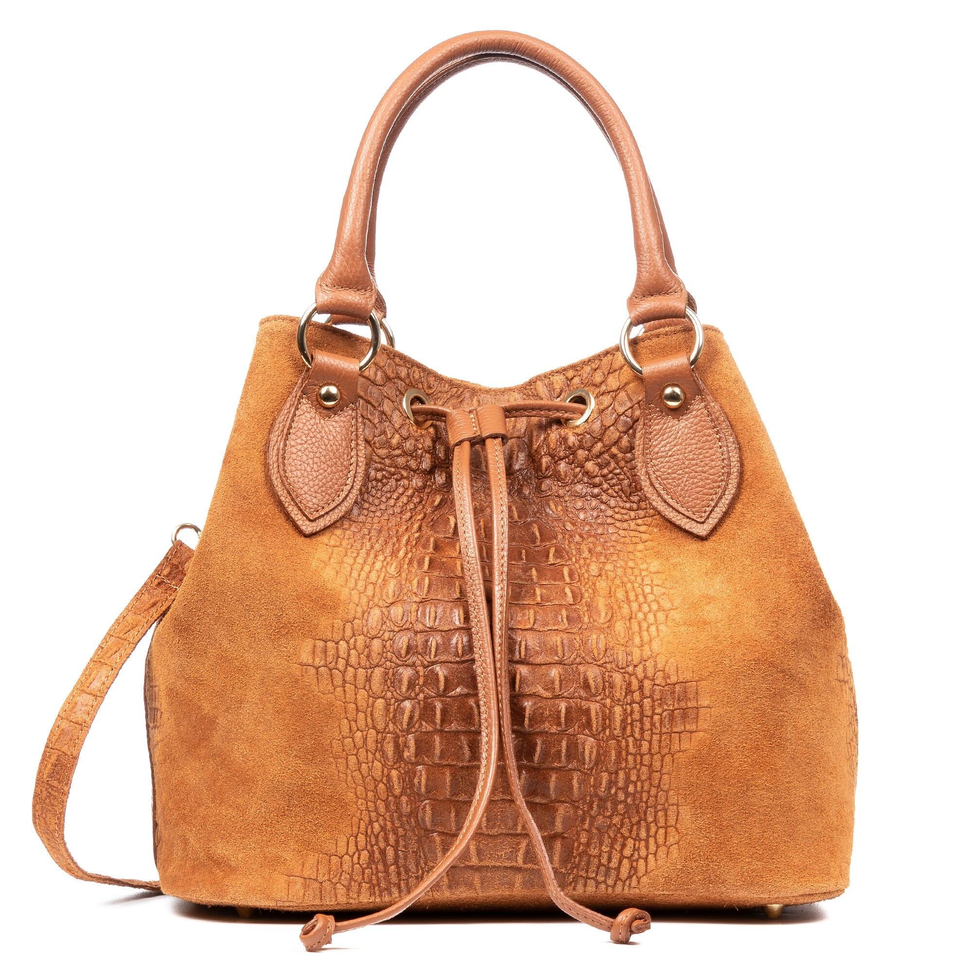 Sac à bandoulière pour femme Olethea.Cuir suédé véritable, gaufrage crocodile, couleur : marron