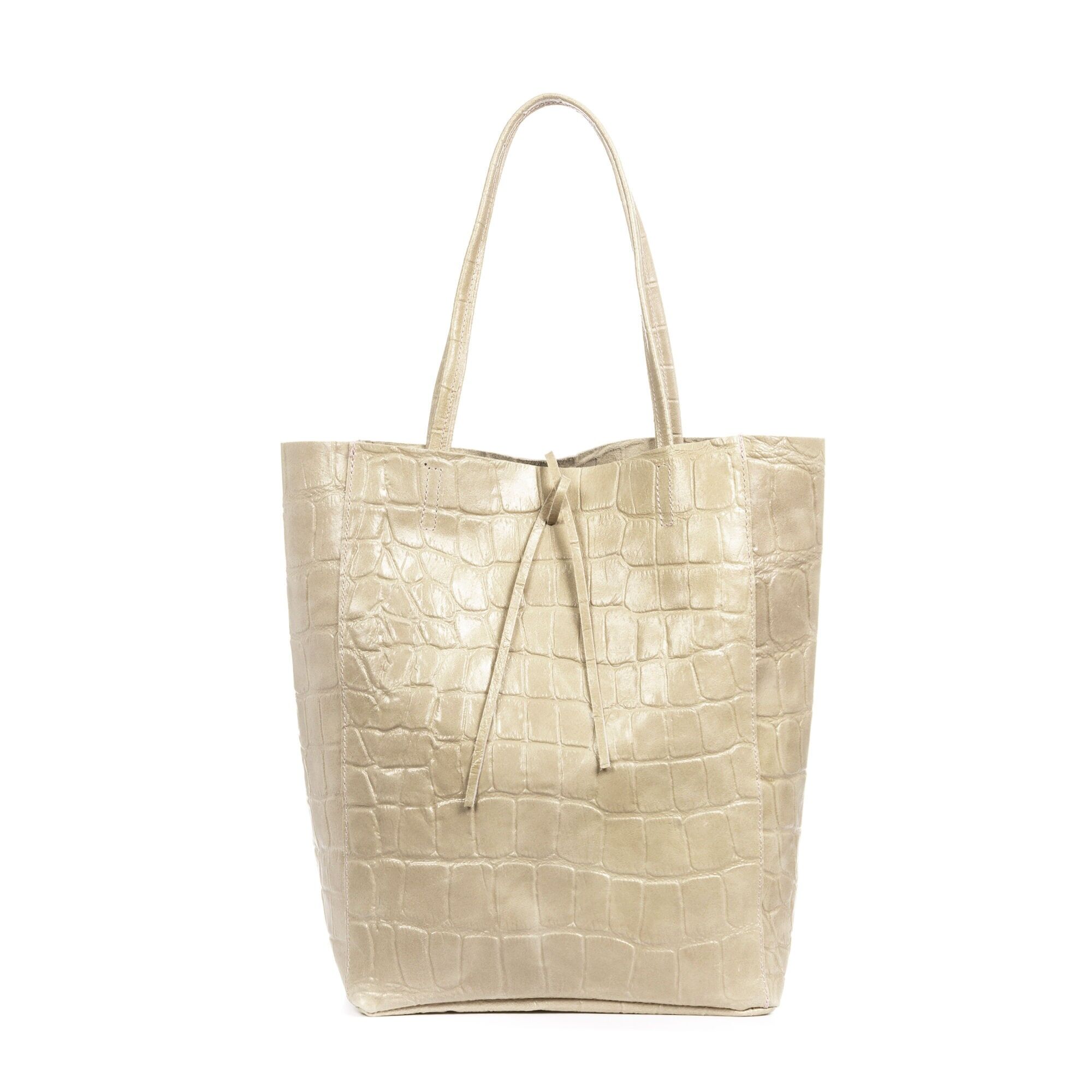 Borsa Shopper da donna Sefora.Vera pelle scamosciata con stampa coccodrillo grande. Colore: beige.