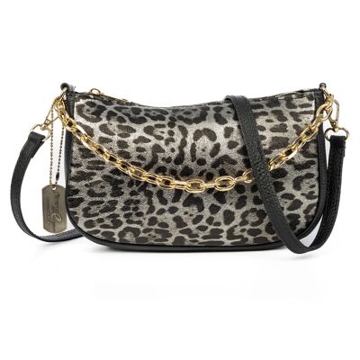 Avella bolso bandolera mujer, de piel auténtica Gamuza lacada con estampado de animal print leopardo, Dollaro.