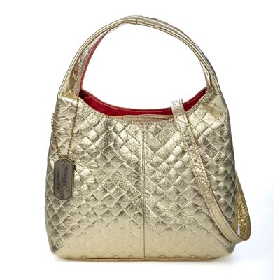 Aversa bolso bandolera mujer. Piel auténtica Gamuza con grabado entrelazado y lacada brillante.