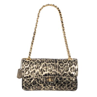 Sac à bandoulière pour femme Caeli. Véritable cuir suédé matelassé, imprimé léopard, laque brillante.