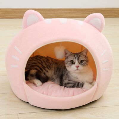 Casa de cama para gatos con forma de gato rosa