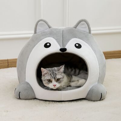 Casa de cama para gatos con forma de perro husky