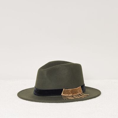 CAPPELLO IN FELTRO JIM KHAKI CON FRANGE IN VELLUTO E PAILLETTES
