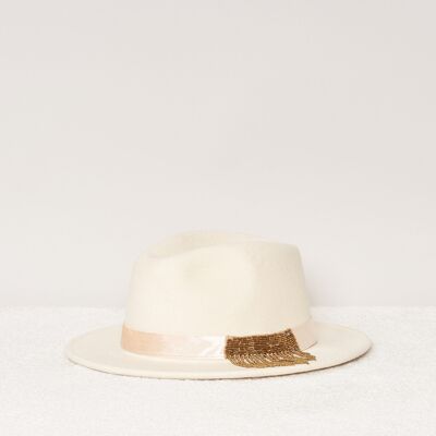 CAPPELLO JIM ECRU IN FELTRO CON FRANGE IN VELLUTO E PAILLETTES
