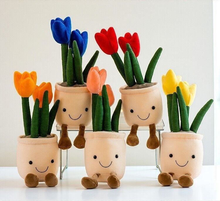 Peluche a forma di tulipano da 35 cm | Simpatico pupazzo di peluche a forma di vaso di fiori sorridente
