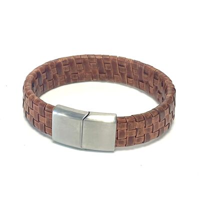 Bracelet homme cuir cognac tressé carré 15 mm