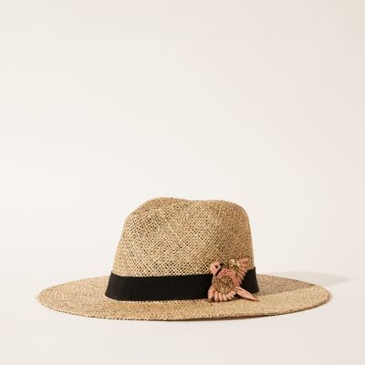 PINK BIRD EMBROIDERED STRAW HAT WIDE BRIM SOMBRERO